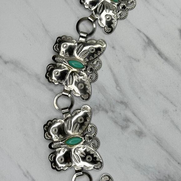 Silver Tone Butterfly Concho Faux Turquoise Chain Belt Extra Small/Small XS/S ✨